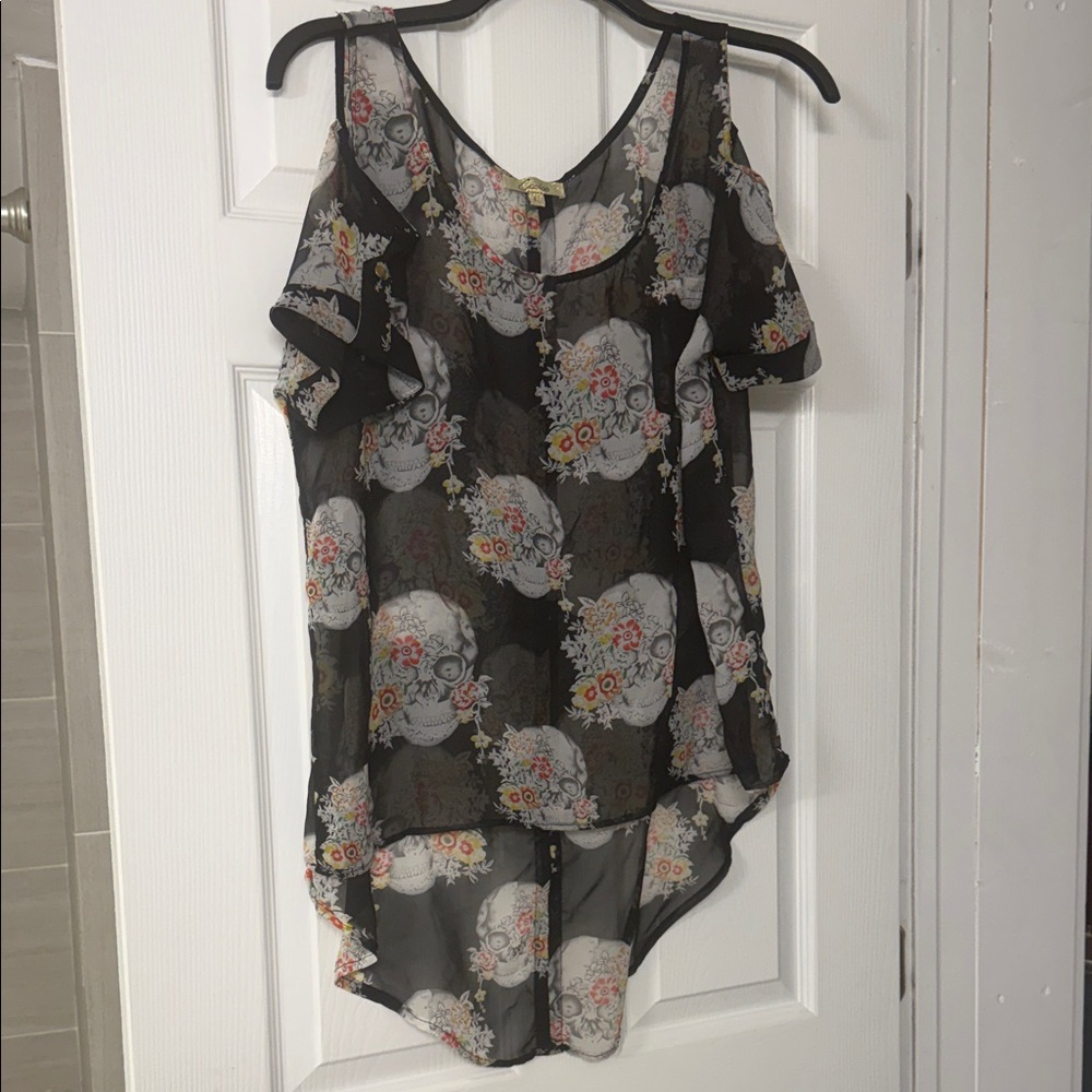 Cecico Black Sheer Cold-Shoulder Tunic with Floral Skull Print